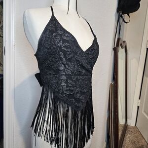 Black Floral Jacquard Fringe Halter Top | Festival Boho Crop